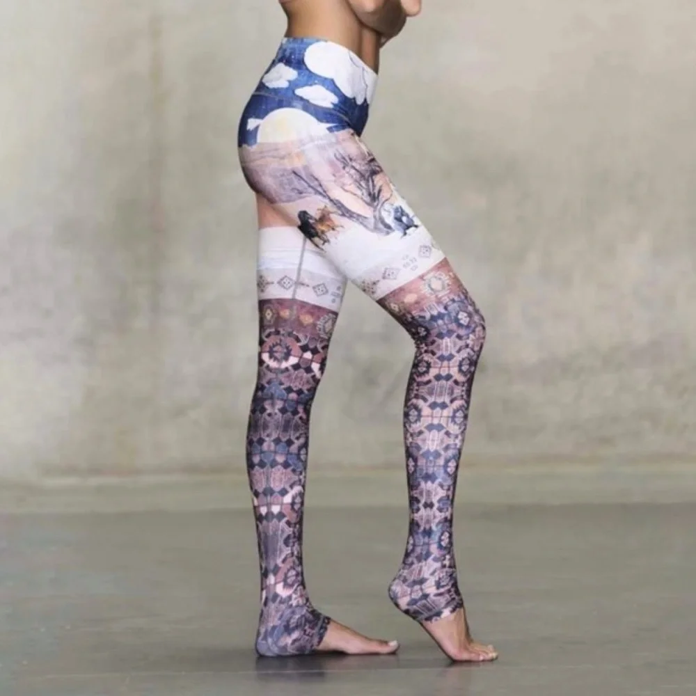 NIYAMA SOL blue white brown clouds print mustang sally endless long leggings - Picture 2 of 11